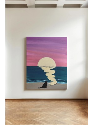 Kanvaspera Gün Batımında Kediler - Kanvas Tablo - Mor ve Pembe Renklerde, Romantik Kıyı Temalı Duvar Dekoru