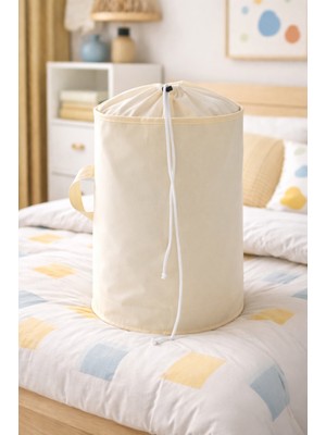 Prendi Home Krem Renk Büzgülü Silindir Hurç - Büyük Boy Çamaşır Battaniye ve Yorgan Saklama Torbası 30X53