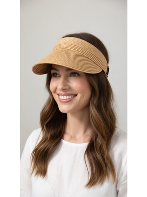 Mollycrush Kadın Camel Hasır Güneş Vizör Şapka | Lastikli Katlanabilir Plaj Şapkası