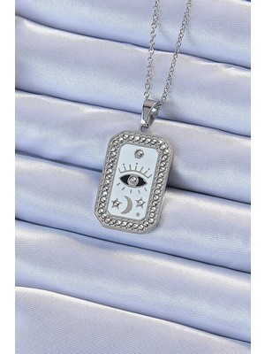 MidasTech 316L Çelik Zincir Gümüş Renk Mineli Zirkon Taşlı Göz Figür Tarot Kolye - TJ-BKO9214 Midastec
