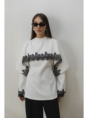 BRTC Design Kadın Beyaz Dantel Detaylı Pelerinli Kuşaklı Saten Bluz