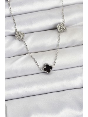 MidasTech 316L Çelik Zincir Gümüş Renk Siyah ve Zirkon Taşlı Baby Boy Yonca Kadın Kolye - TJ-BKO10591 M