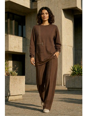 Nuss Fermuar ve Nervür Detay Tunik Pantolon Takım 1077 Kahverengi