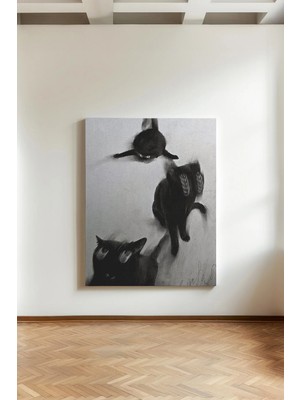 Kanvaspera Tuhaf Kediler - Kanvas Tablo - Siyah Beyaz, Çağdaş ve Esrarengiz Duvar Dekorasyonu