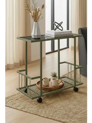 Dekopratik Fuji Yan Sehpa - Tekerlekli Mint Yeşili Füme Camlı Servis Sehpası