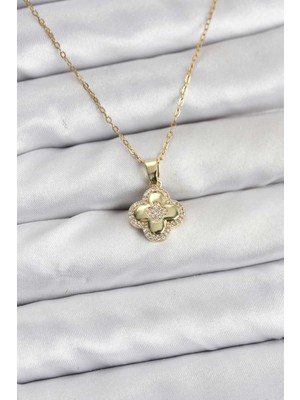 316L Çelik Zincir Gold Renk Zirkon Taşlı Yonca Model Kadın Kolye - TJ-BKO10767 Midastech