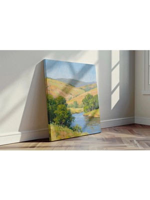 Kanvaspera Tuval Boya Anadolu Peyzajı Nehir Dağ Yayla - Kanvas Tablo - Yağlı Boya Efektli Duvar Dekorasyonu