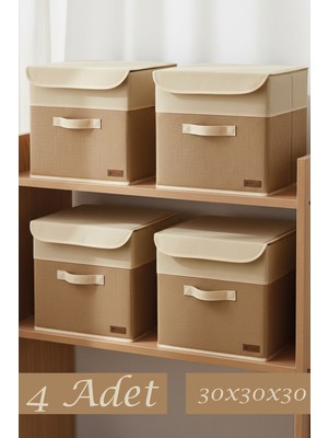 Prendi Home 4’lü Beyaz Garnili Jüt Kapaklı Kumaş Dolap Içi Düzenleyici Kutu - 30X30X30 cm Katlanabilir Saklama Kutusu