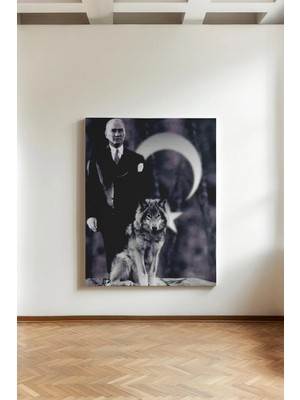 Kanvaspera Atatürk ve Bozkurt - Kanvas Tablo - Türk Bayrağı, Vatanseverlik ve Hatıra Temalı Duvar Dekoru