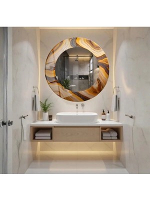 Glitglass Mermer Desenli Dairesel- Modern Dekoratif Duvar Aynası