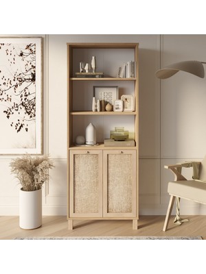 Yurudesign Dune Kitaplık Raf Ahşap Ayaklı 180CM Ahşap Jüt Kapaklı Sepet-Jüt Dn5-Sj