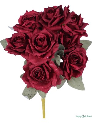 Yapay Çiçek Sitesi Dolgun Görünümlü Yapay Gül Demeti 40 cm 9lu Bordo