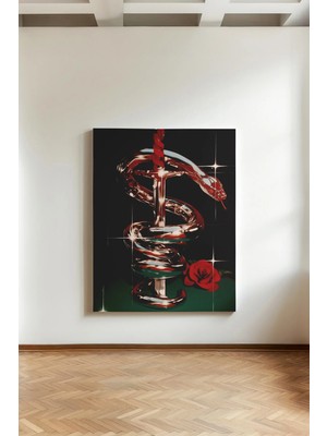 Kanvaspera Yılan, Kılıç ve Gül - Kanvas Tablo - Gotik, Kuvvet ve Romantik Sanat Temalı Süsleyici Duvar Tablosu