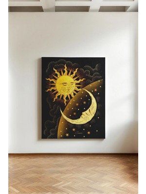 Kanvaspera Güneş ve Hilal Çizimi - Kanvas Tablo - Gold Tonlar, Burç ve Sema Temalı Dekorasyon