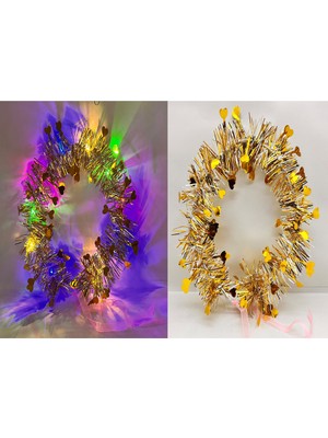 Kalp Püsküllü Gece Parıltısı 3 Modlu LED Li Işıklı Taç Altın Renk Midastech