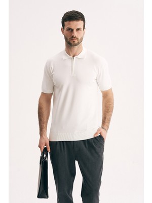 Silvano Erkek Fermuarlı Polo Yaka Triko Tişört - Slim Fit Yarım Fermuar Örme Polo