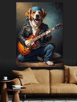Karizma Tablo Gitar Çalan Karizmatik Köpek Figürü Dekoratif Kanvas - Mdf Ahşap Tablo