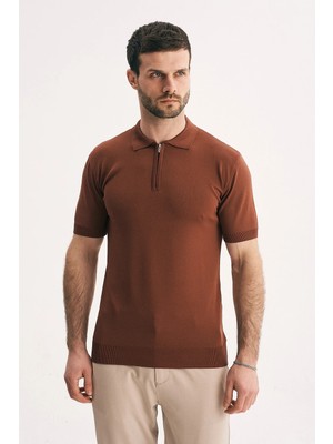 Silvano Erkek Fermuarlı Polo Yaka Triko Tişört - Slim Fit Yarım Fermuar Örme Polo