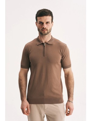 Silvano Erkek Fermuarlı Polo Yaka Triko Tişört - Slim Fit Yarım Fermuar Örme Polo