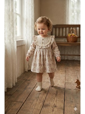 Vavbaby Bohem Stil Fırfırlı ve Dantel Işlemeli Pamuklu Kız Bebek Elbisesi