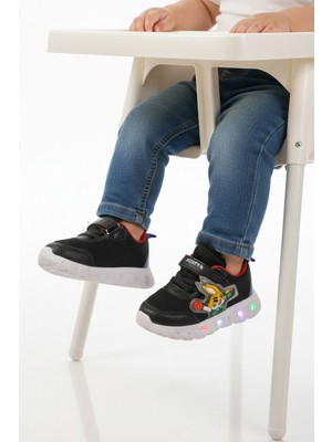 Ruffon Siyah Cırtlı Işıklı Fileli Hafif Bebek Spor Ayakkabı 1015 B