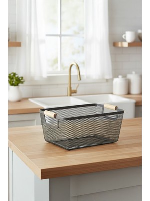 Dikdörtgen Siyah Metal Hasır Sepet Ahşap Saplı Organizer