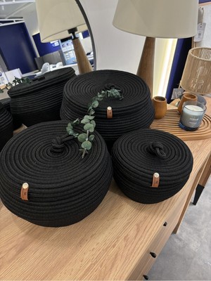 Siyah Safari 3'lü Kapaklı Hasır Görünümlü Jüt Sepet Seti