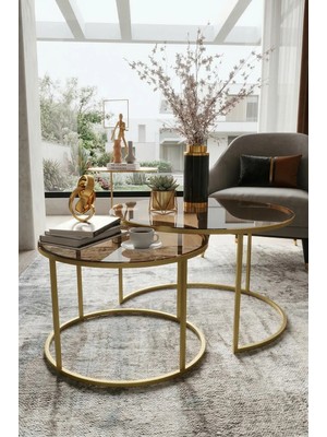 Cos.kim 2'li Metal Yavrulu Orta Sehpa Takımı | Temperli Cam ve Lüks Tasarım