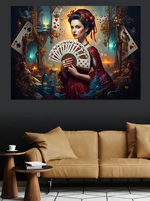 Artmeg Elinde Kartlar Tutan Şık Kadın Dekoratif Kanvas - Mdf Ahşap Tablo