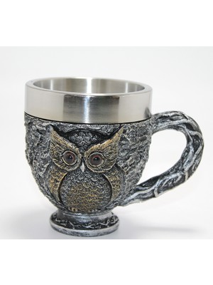 Pileli Store 3D Kabartmalı Baykuş Büstü Paslanmaz Çelik Kupa Bardak