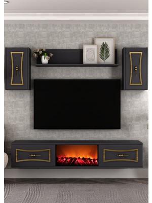 Demonte Decor TV0063-TXA150DD-32 Duvara Montaj Şömineli Tv Ünitesi Takımı Antrasit-Altın