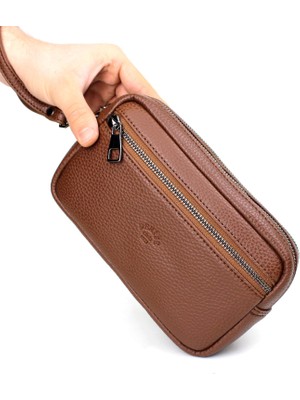 Derise Club Erkek Taba Renk Çok Bölmeli Kartlık Detaylı Lüks El ve Bileklik Kemerli Portföy El Çantası