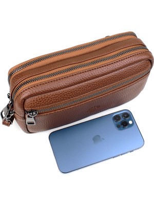 Derise Club Erkek Taba Renk Çok Bölmeli Kartlık Detaylı Lüks El ve Bileklik Kemerli Portföy El Çantası