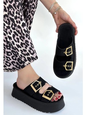 OEY Fashions Coer Siyah Süet Çift Tokalı Terlik