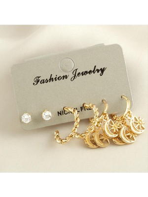 SiHako 6 Adet Ay Yıldız Zirkon Taşlı Küpe