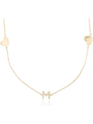 Berk Mücevherat 14 Ayar Altın Taşlı M Harfi Kalp Kolye