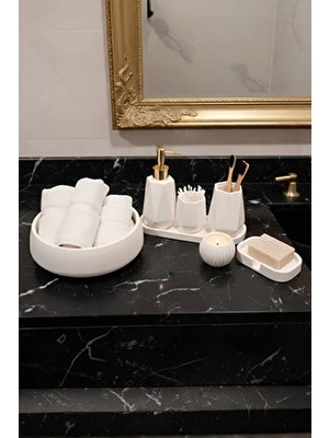 Elizovi Mermer Dokulu 7 Parça Lüks Banyo Seti | Sıvı Sabunluk, Fırçalık, Havluluk, Tepsi, Mumluk