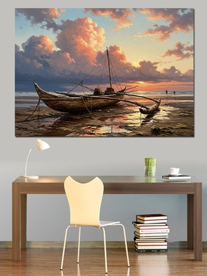 Karizma Tablo Gün Batımında Denizde Balıkçı Teknesi Dekoratif Kanvas - Mdf Ahşap Tablo
