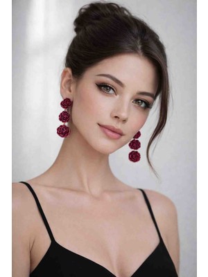 Myth Atelier Plum Love El Yapımı Mürdüm Sallantılı Özel Tasarım Gül Küpe