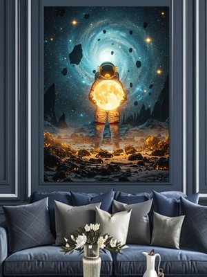 Karizma Tablo Uzayda Işık Tutan Astronot Figürü Dekoratif Kanvas - Mdf Ahşap Tablo
