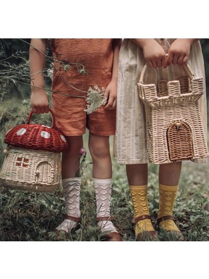 Rattan & Bambu Kırmızı Kapaklı Mantar Çocuk Evi & Dekoratif Çocuk Odası Düzenleyici Organizer