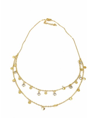 Sacha Pul ve Taşlı Çift Sıralı Kolye