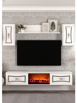 Demonte Decor TV0063-TXA150DD-32 Duvara Montaj Şömineli Tv Ünitesi Takımı Beyaz-Gümüş