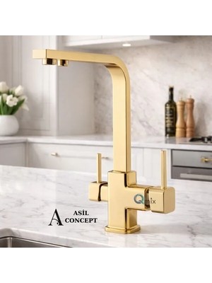 Qmix PARLAK GOLD ARITMALI LÜX KARE TASARIM MUTFAK EVİYE BATARYASI-ALTIN