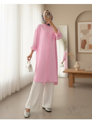 Modamorfo Oval Kesim Karaş Uzun Salaş Tunik -Pembe