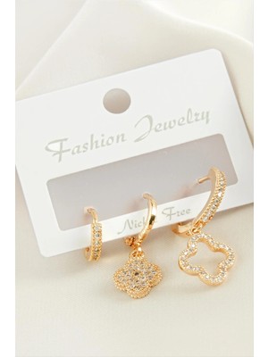 SiHako 3 Adet Çiçek Zirkon Taşlı Küpe