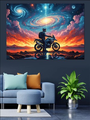 Artmeg Galaksi Altında Motosikletçi Manzarası Tablosu Dekoratif Kanvas - Mdf Ahşap Tablo