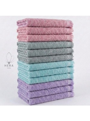 Hera Textile 12'li 3 Adet Mor-3 Adet Turkuaz-3 Adet Gri-3 Adet Gülkurusu Pamuklu El ve Mutfak Havlusu 30X50 cm