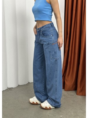 Pileli Store Mavi Jolie Dikişli Baggy Jean