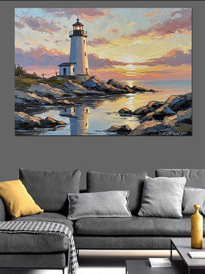 Karizma Tablo Gün Batımında Deniz Kenarı Deniz Feneri Dekoratif Kanvas - Mdf Ahşap Tablo